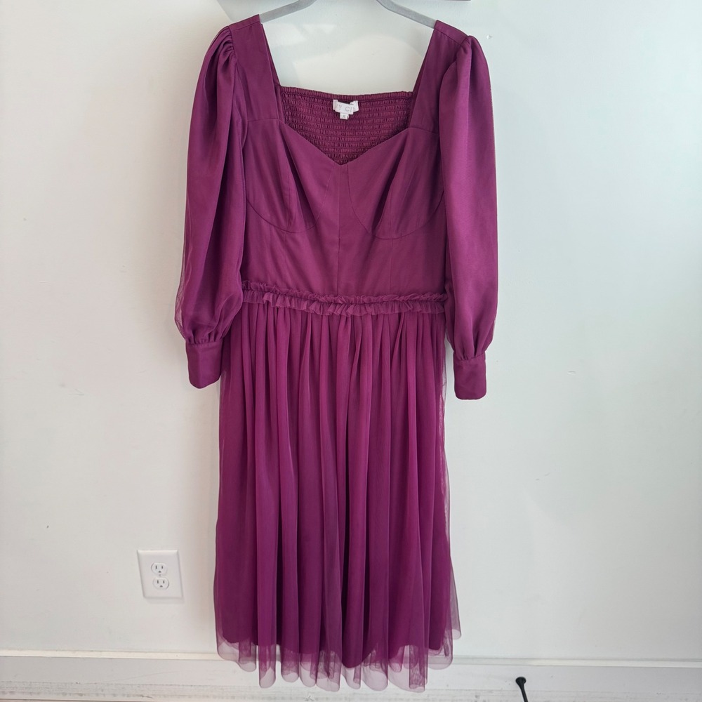 Ivy City Co Florence Plum Purple Tulle Midi Dress Long Sleeve Medium